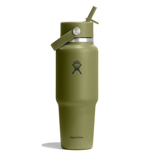 An olive green Hydro Flask insulated water bottle with a matching lid and carry loop, shown on a clean white background.