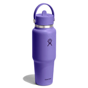 A purple Hydro Flask insulated water bottle with a matching purple lid and carrying loop, featuring a silver metal band and the Hydro Flask logo, set against a plain white background.