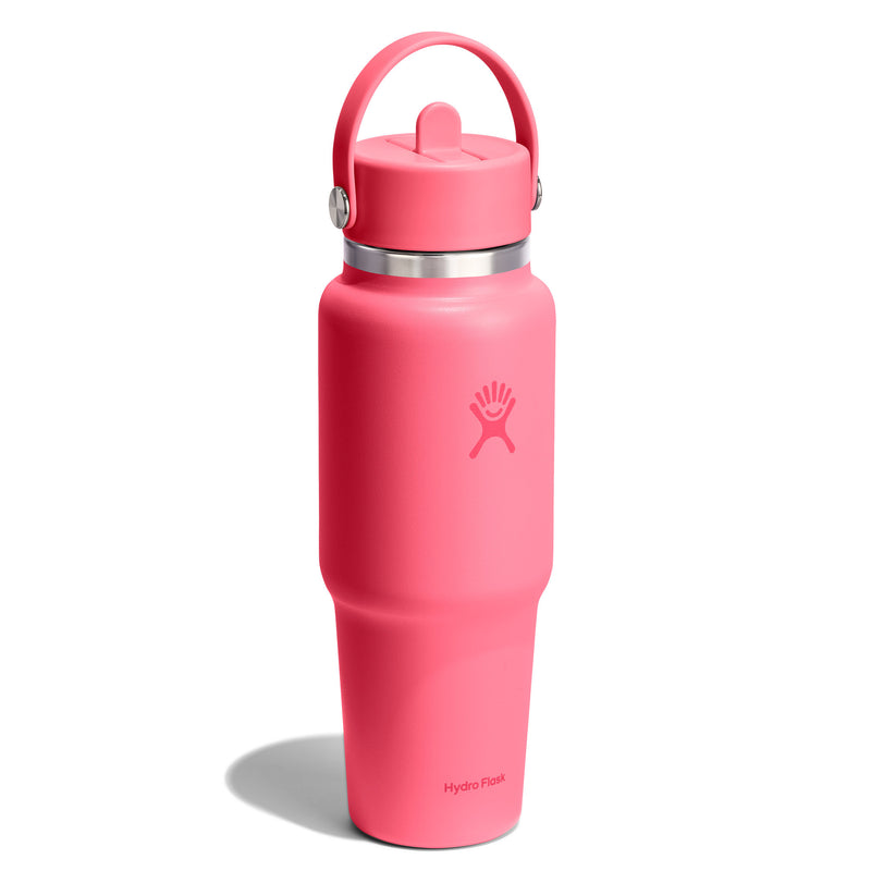 Pink water bottle with a handle on a white background
