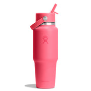 Pink water bottle with straw lid on a white background