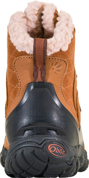 Back view of the spine of a brown boot with black accents and white fur trim against a white background.