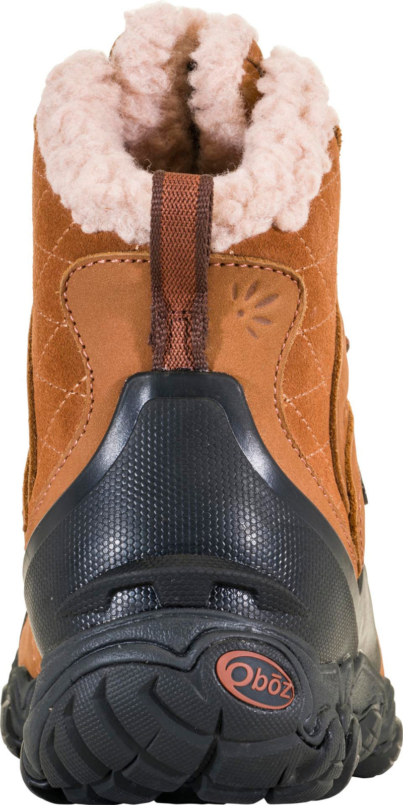 Back view of the spine of a brown boot with black accents and white fur trim against a white background.