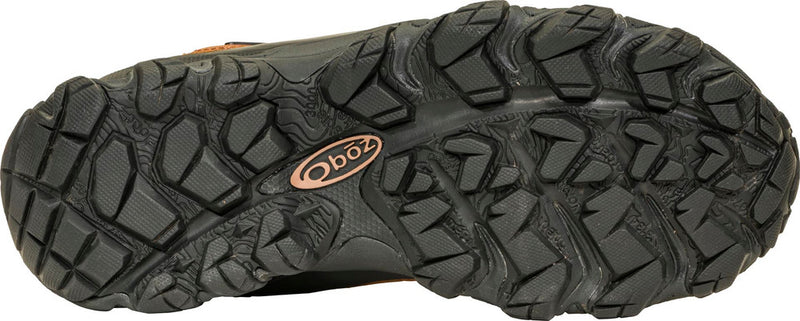 Bottom view showing the tread of a boot with an Oboz logo against a white background.