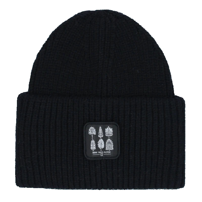 Black beanie with a patch featuring trees on a white background