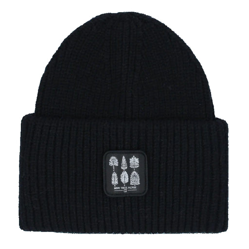 Black beanie with a patch featuring trees on a white background