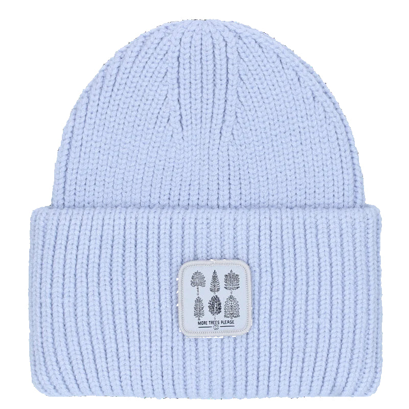 Light blue knit beanie with a patch on a white background