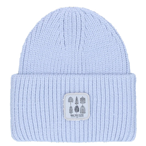Light blue knit beanie with a patch on a white background