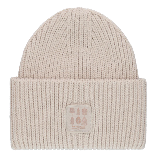White knit beanie against a white background. 