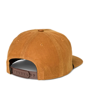 Back view of a light brown trucker cap against a white background. 