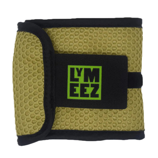 An ankle wrap featuring a textured olive green mesh body with black trim and a black hook-and-loop strap. The strap has a square patch with the brand name 'LYMEEZ' in black text over a bright lime green background.