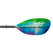 Tie-dye kayak paddle with an Aqua Bound logo on a white background.