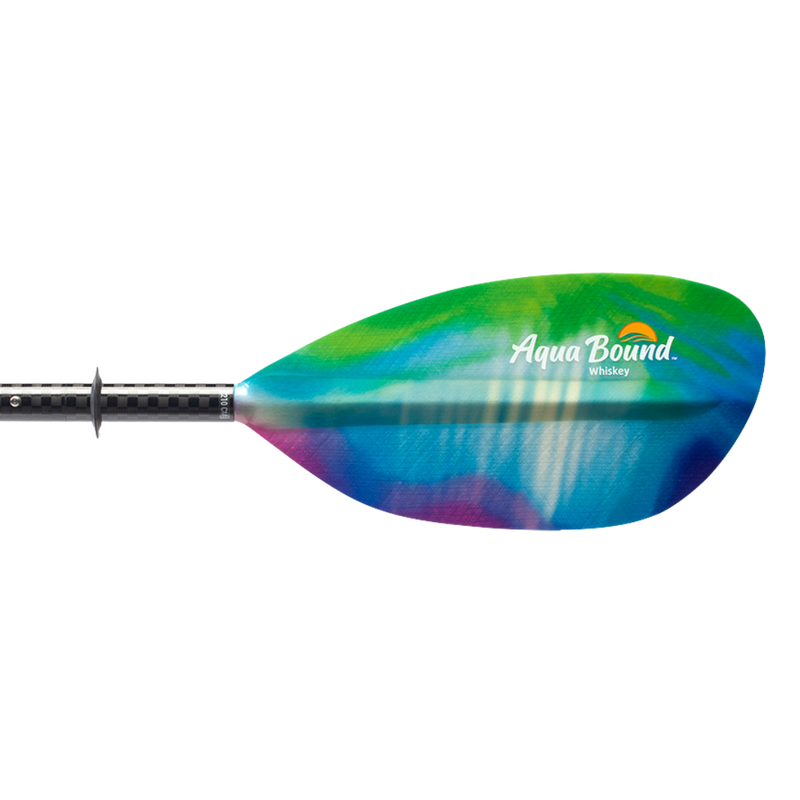 Tie-dye kayak paddle with an Aqua Bound logo on a white background.
