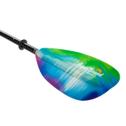 Tie-dye kayak paddle with an Aqua Bound logo on a white background.