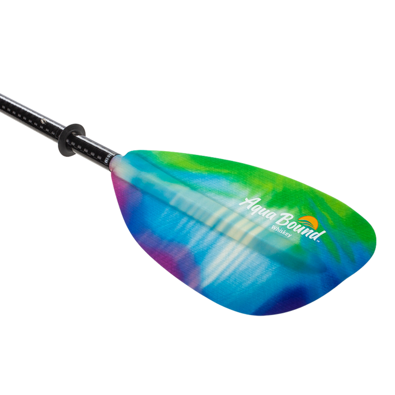 Tie-dye kayak paddle with an Aqua Bound logo on a white background.
