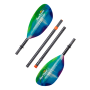 Disconnected tie-dye kayak paddle with an Aqua Bound logo on a white background.