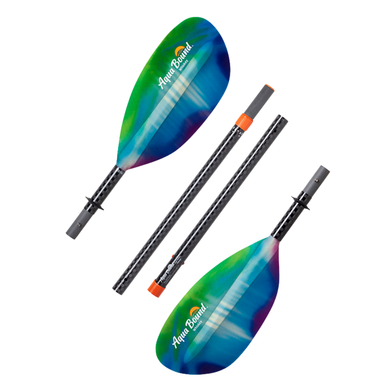Disconnected tie-dye kayak paddle with an Aqua Bound logo on a white background.