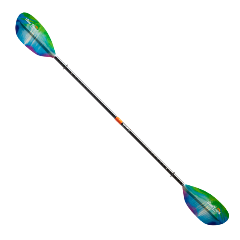 Tie-dye kayak paddle with an Aqua Bound logo on a white background.