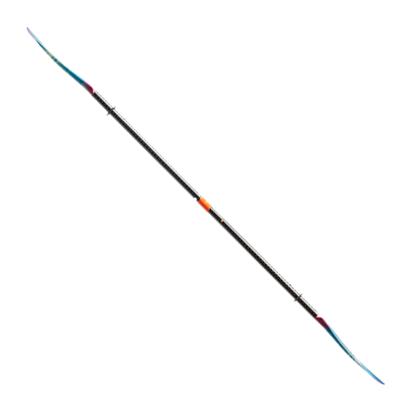 Side view of a tie-dye kayak paddle on a white background.