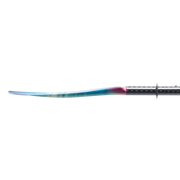 Side view of a tie-dye kayak paddle on a white background.