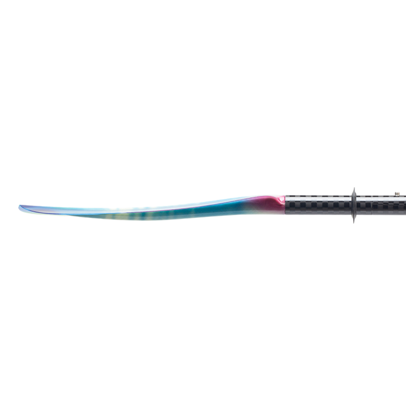 Side view of a tie-dye kayak paddle on a white background.
