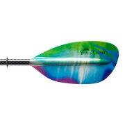 Tie-dye kayak paddle with an Aqua Bound logo on a white background.
