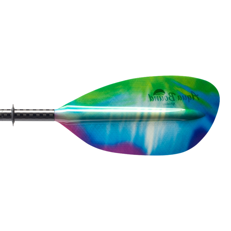 Tie-dye kayak paddle with an Aqua Bound logo on a white background.