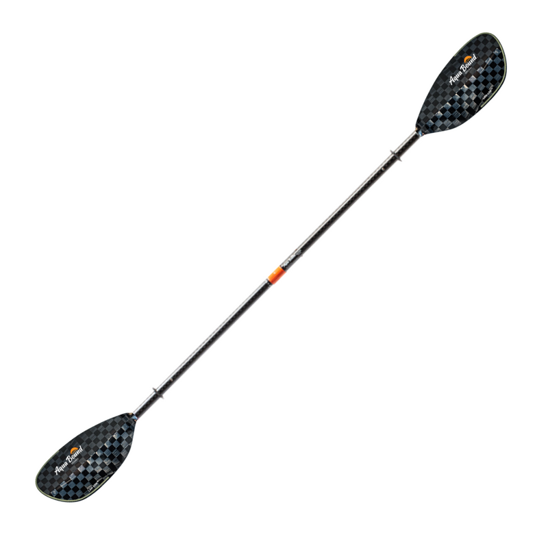 Carbon fiber kayak paddle with black and orange accents on a white background
