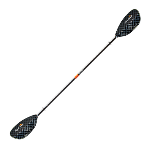 Carbon fiber kayak paddle with black and orange accents on a white background