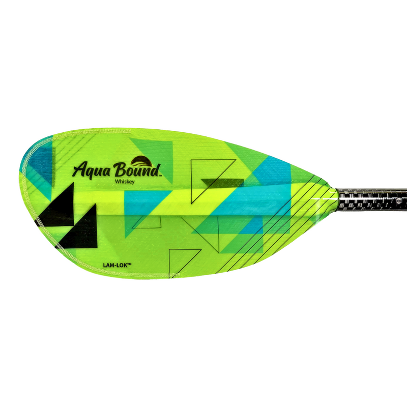 Green kayak paddle with blue and black accents and an Aqua Bound logo on a white background.