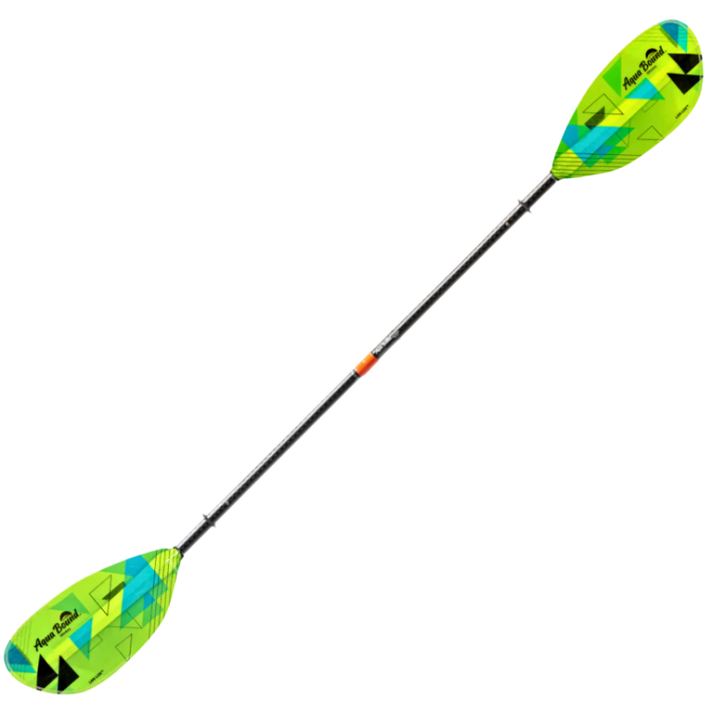 Green kayak paddle with blue and black accents and an Aqua Bound logo on a white background.