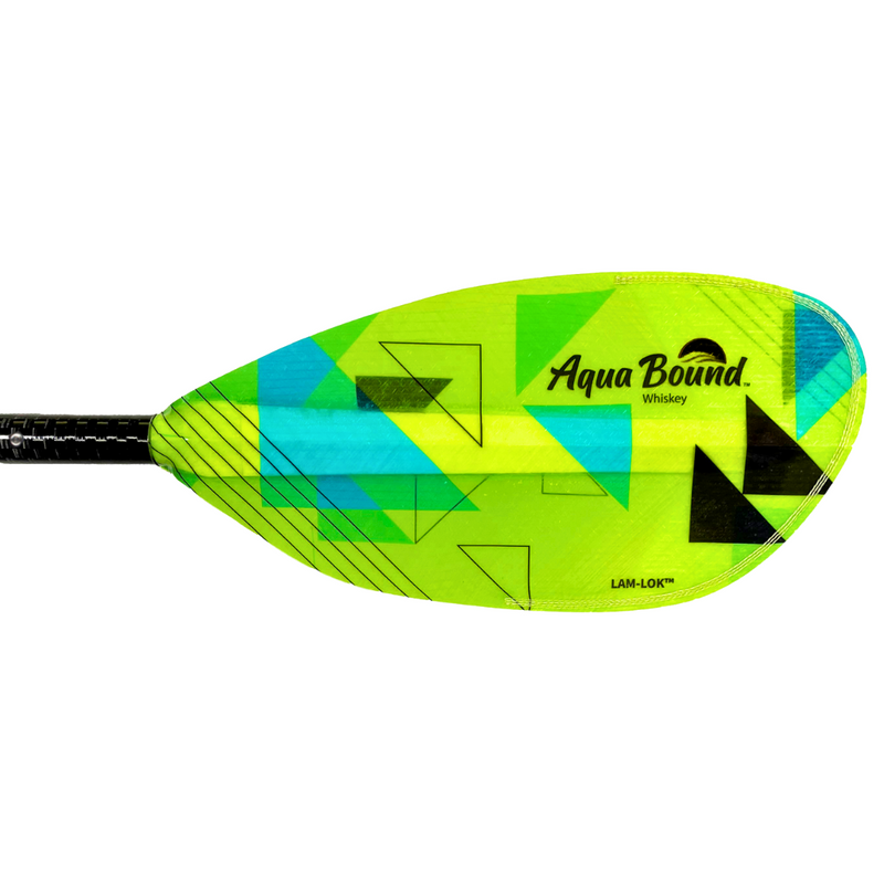 Green kayak paddle with blue and black accents and an Aqua Bound logo on a white background.