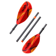 Disconnected red kayak paddle with orange accents and an Aqua Bound logo on a white background.