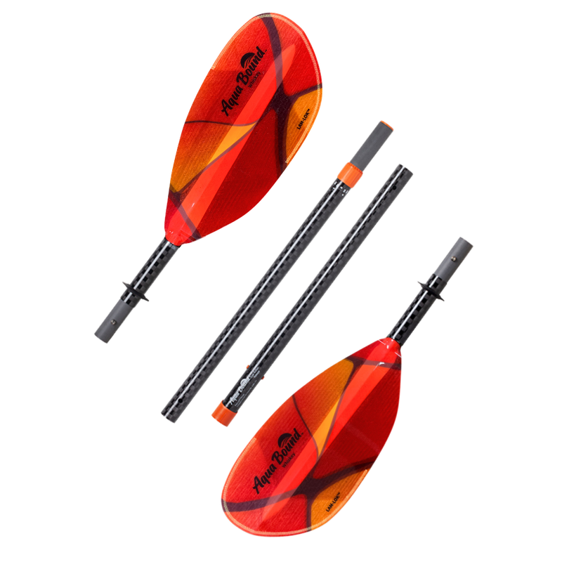 Disconnected red kayak paddle with orange accents and an Aqua Bound logo on a white background.
