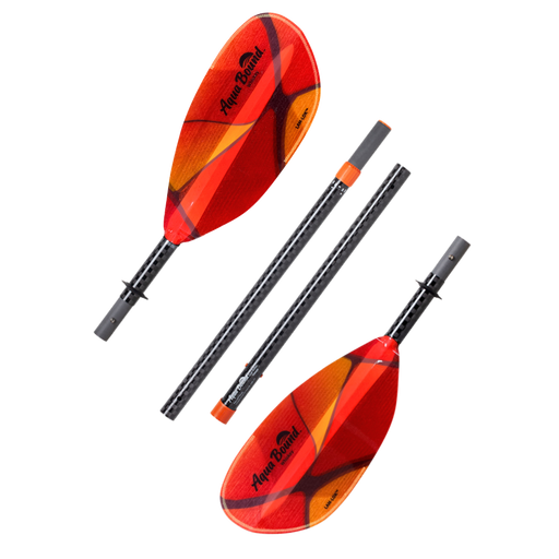 Disconnected red kayak paddle with orange accents and an Aqua Bound logo on a white background.