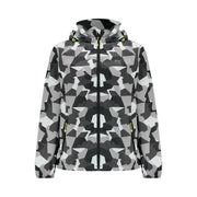 Camouflage-patterned jacket with a brand logo on a light gray background