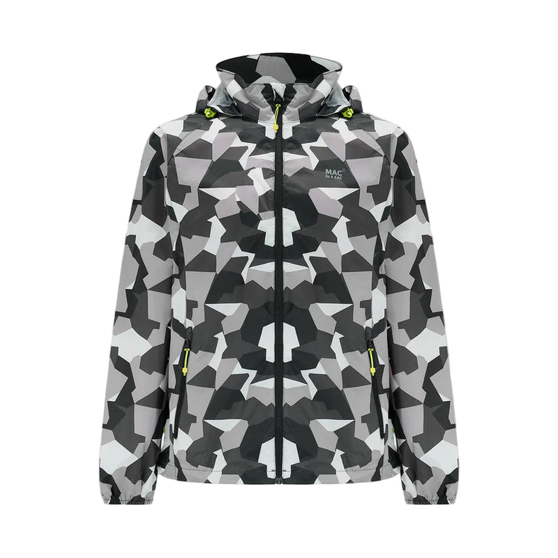 Camouflage-patterned jacket with a brand logo on a light gray background