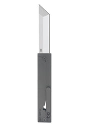 A pocket knife with a gray rectangular handle on a white background