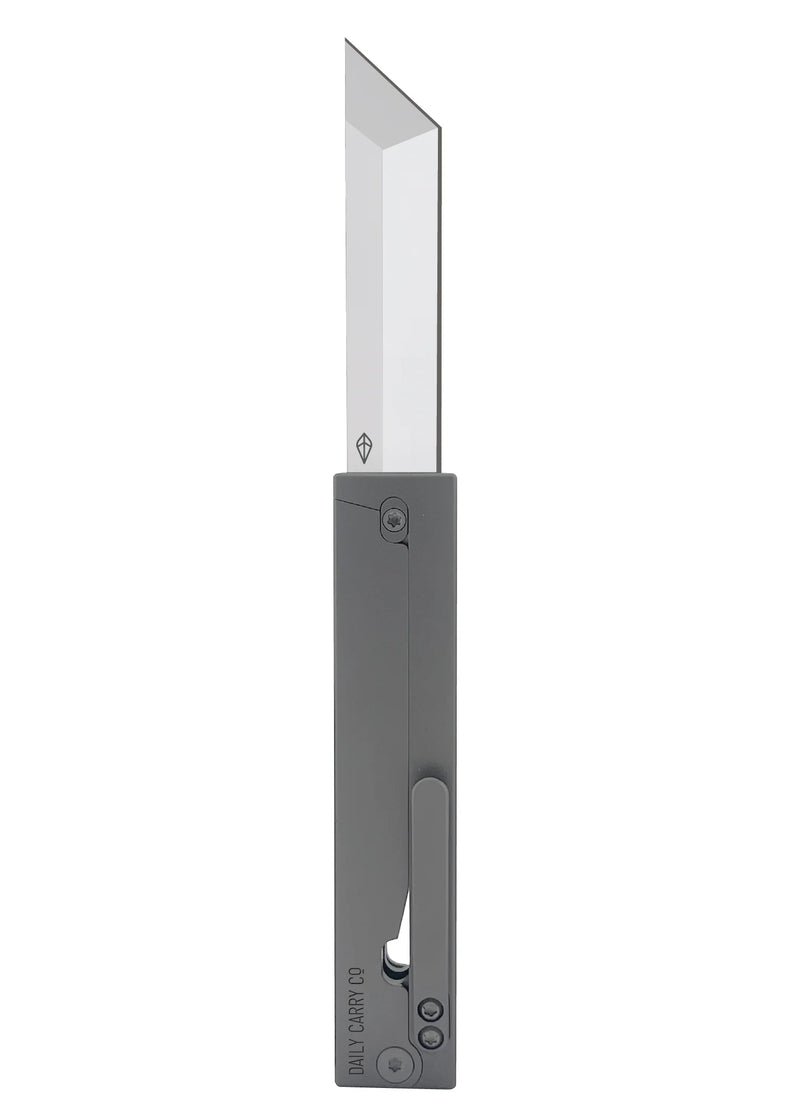 A pocket knife with a gray rectangular handle on a white background
