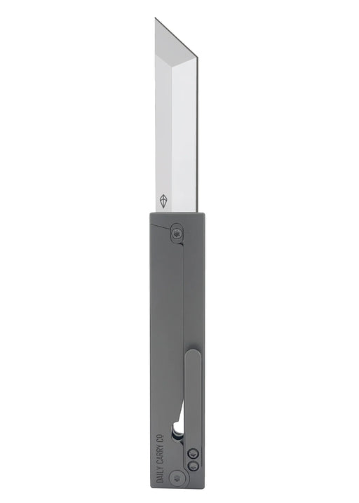 A pocket knife with a gray rectangular handle on a white background