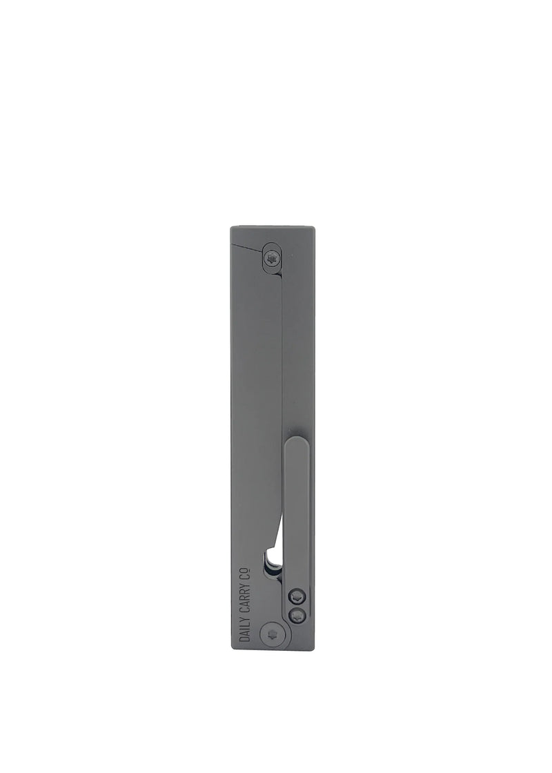A closed pocket knife in a gray rectangular handle on a white background