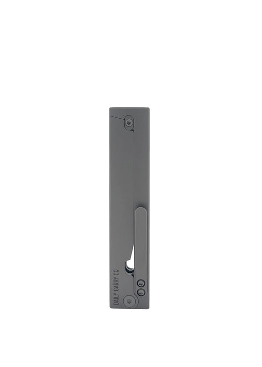 A closed pocket knife in a gray rectangular handle on a white background