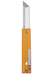 A pocket knife with an orange rectangular handle on a white background