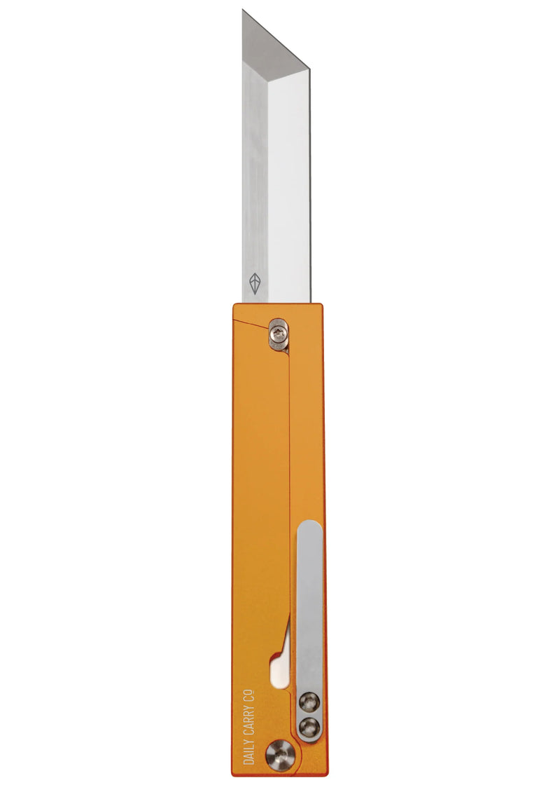 A pocket knife with an orange rectangular handle on a white background