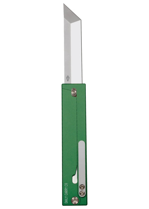 A pocket knife with a green rectangular handle on a white background