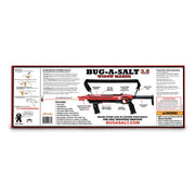 A product information card for the Bug-A-Salt 3.5 'Widow Maker' rifle, featuring a red and black rifle diagram with callouts, features list, frequently asked questions, and a warning label on a white background.