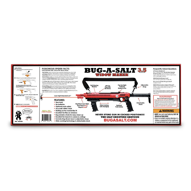 A product information card for the Bug-A-Salt 3.5 'Widow Maker' rifle, featuring a red and black rifle diagram with callouts, features list, frequently asked questions, and a warning label on a white background.