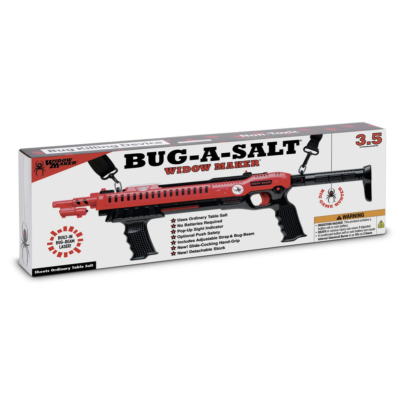 Boxed toy 'Bug-A-Salt Widow Maker' shown in retail packaging on a white background. The box features a large photo of the red-and-black toy rifle and product text, with a warning label on the right.