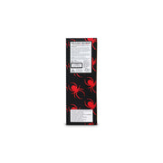The back of a black and red spider-patterned box for 'Bug-A-Salt Bug Beam', featuring white informational labels with text and a barcode.