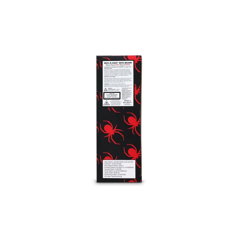 The back of a black and red spider-patterned box for 'Bug-A-Salt Bug Beam', featuring white informational labels with text and a barcode.