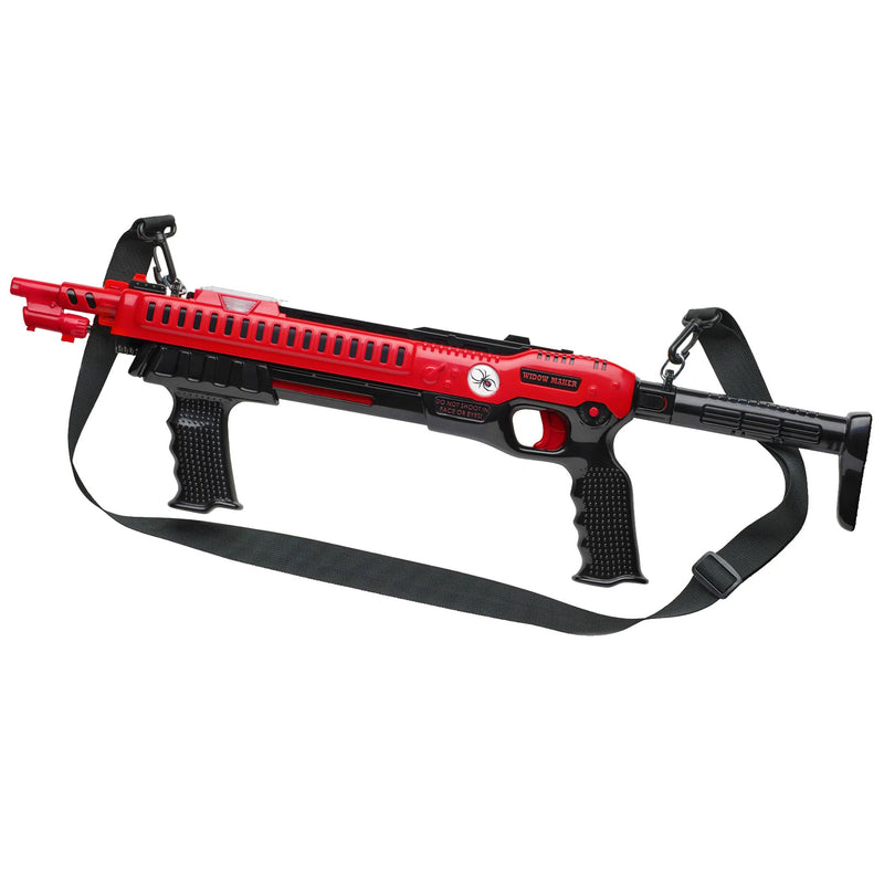 A red and black toy submachine gun replica for killing flies, with a black adjustable shoulder strap, displayed on a clean white background.